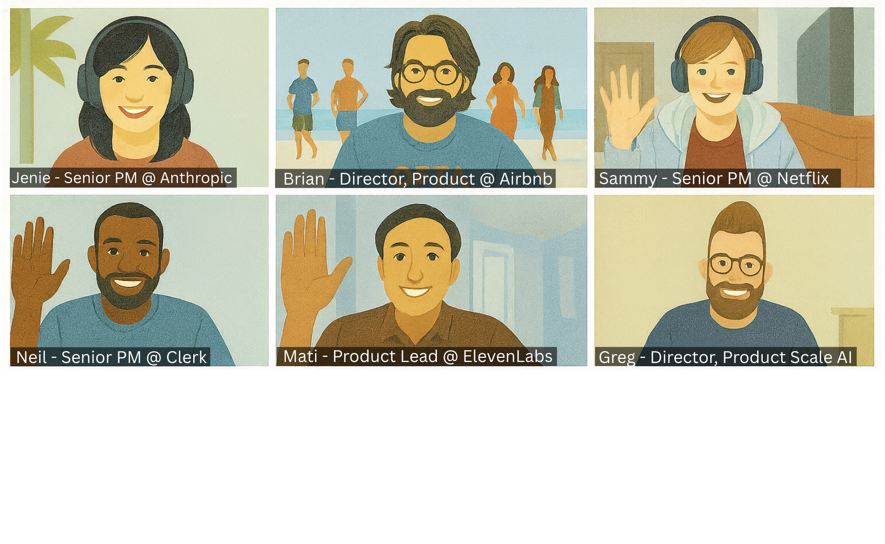 Professional networking video chat with six tech professionals discussing AI workflows and productivity tools